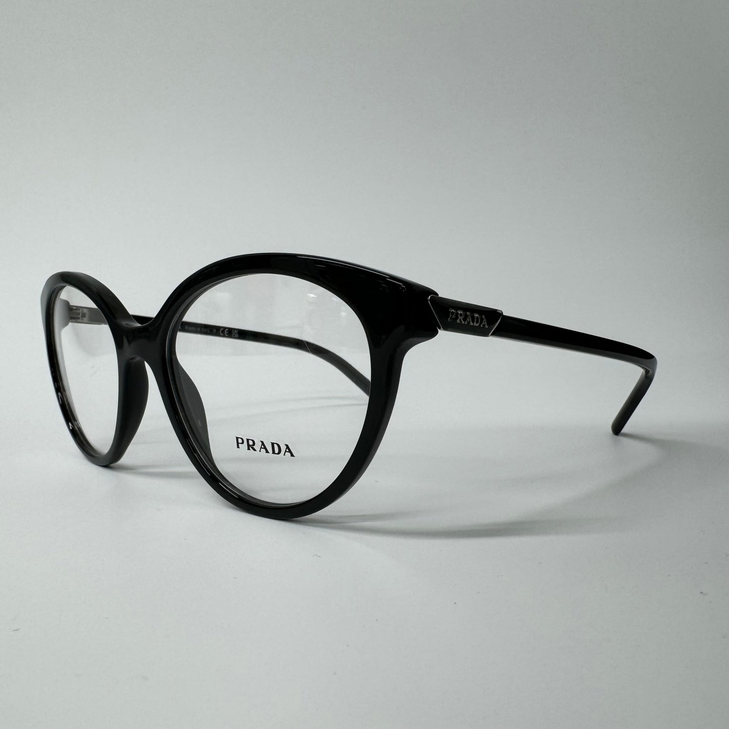 Womens PRADA Black & Silver Cat Eye Metal Logo Glasses Frames PR 08YV 1AB1O1