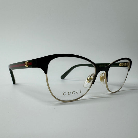 Women’s Gucci Gold & Green Striped Logo Cat Eye Glasses Frames GG0718O 001