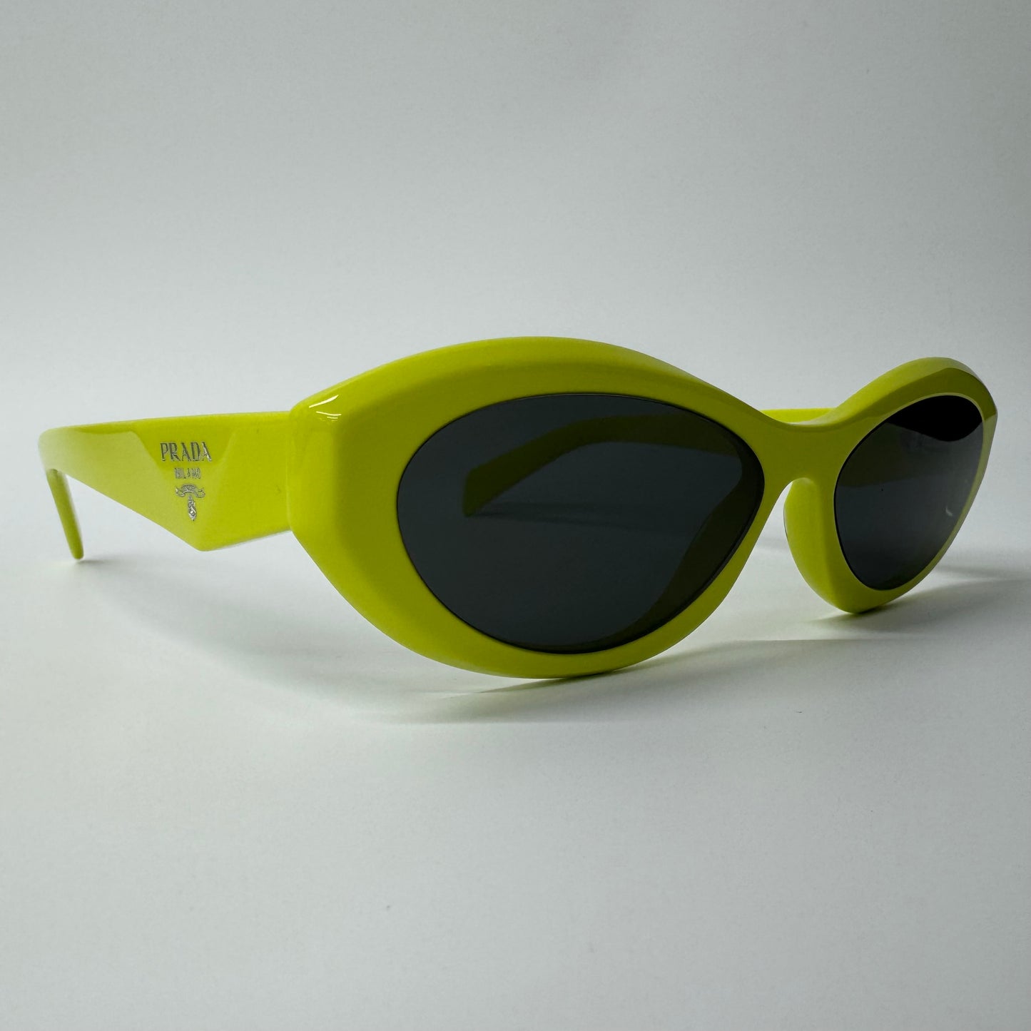 Womens Prada Lime Green Oval Dark Grey Lens Acetate Sunglasses PR 26ZS 13L08Z